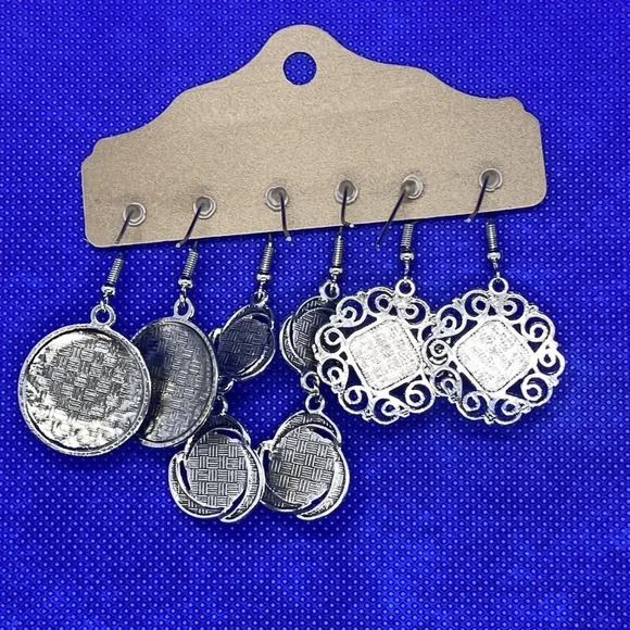 New bohemian geometric pattern faux turquoise earrings antique finish 3 pair - Picture 2 of 5